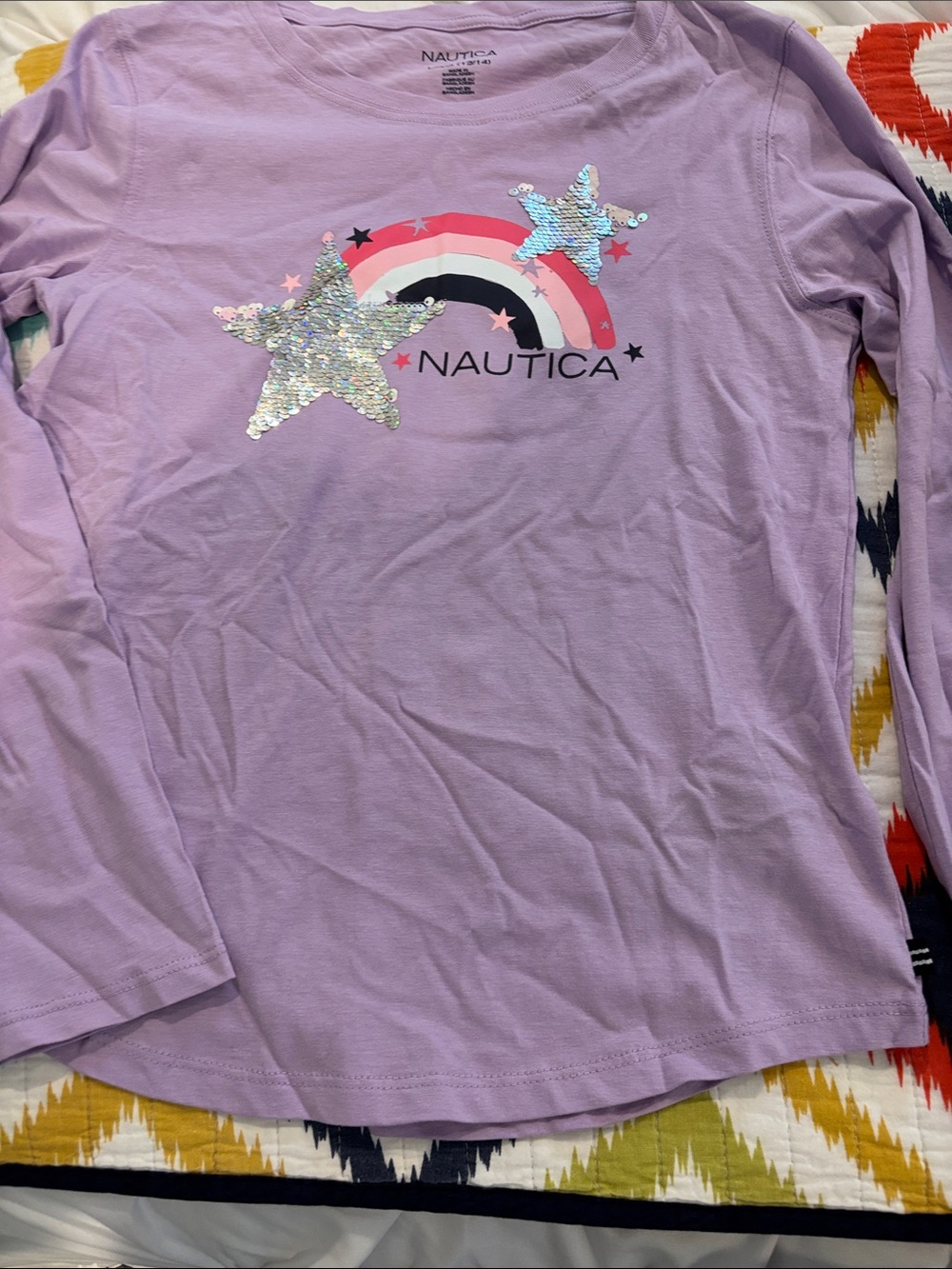 Nautica Girls' Lavender Sequin Star Rainbow Long-Sleeve Tee
